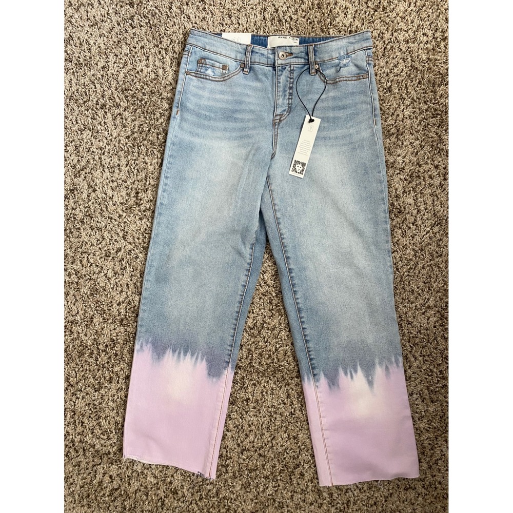 Anne Klein Jeans Womens 8 Straight Leg Pink Dip Dye Ombre Raw Hem Light Wash